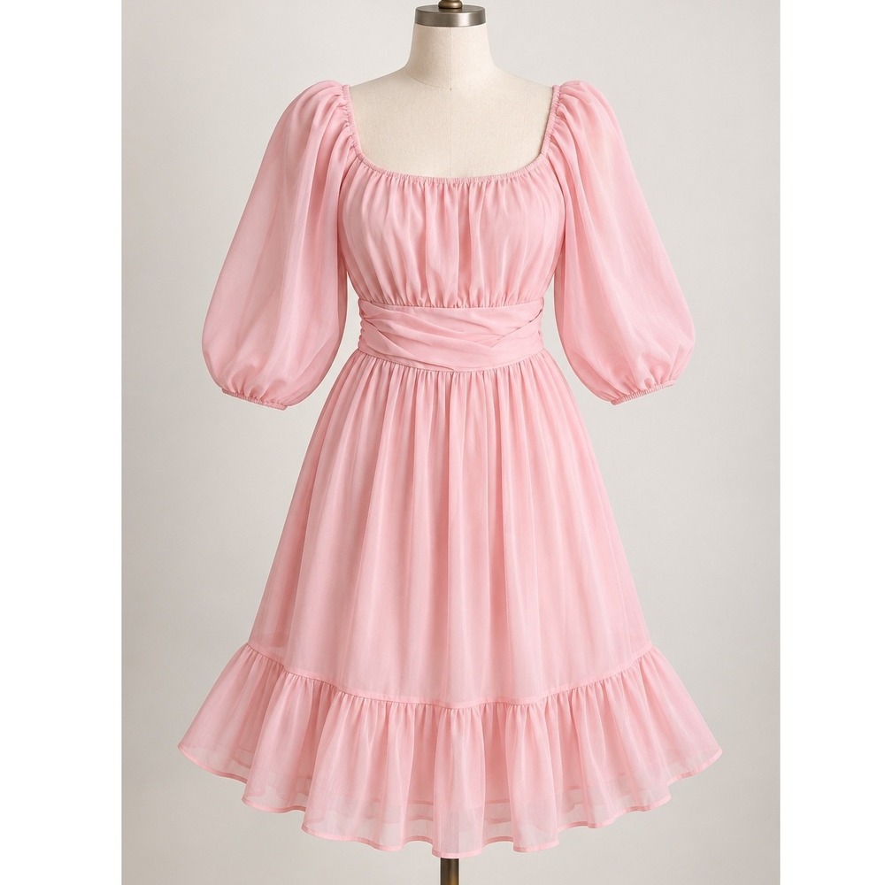Pink Chiffon Puff Sleeve Dress Tie Back Ruffle Hem Tiered Milkmaid Babydoll S